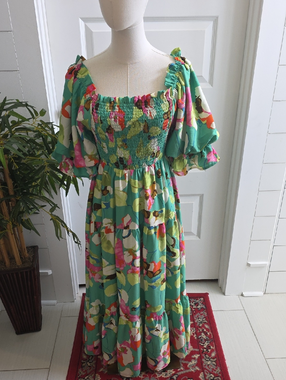 Floral Smocked Off Shoulder Midi Dress in Teal